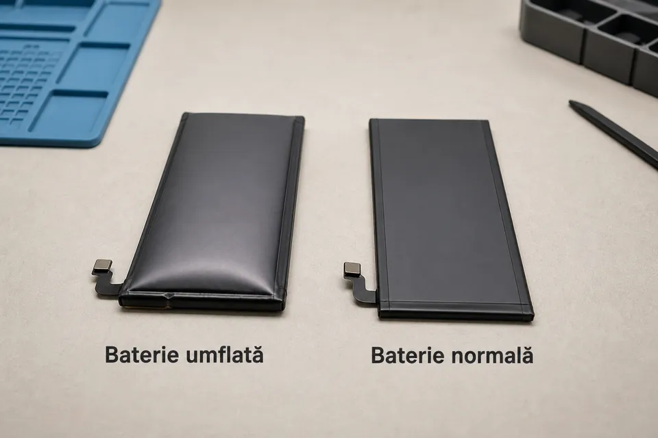 Ilustrație comparativă între o baterie de telefon umflată și una fără deformări vizibile