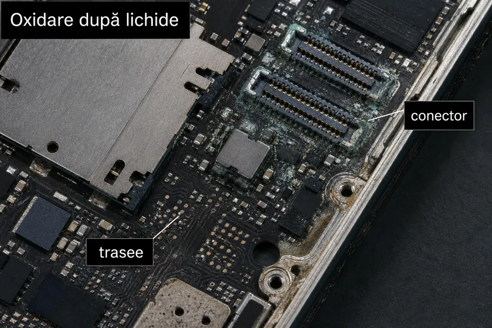Ilustrație cu urme de coroziune pe o placă electronică după contactul cu lichid