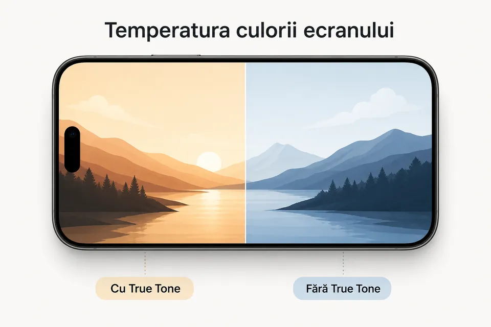 Ilustrație comparativă a temperaturii de culoare a unui ecran, pentru explicarea funcției True Tone